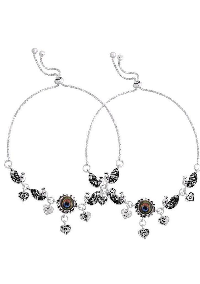 Silver Plated Peacock Handcrafted Anklets (Set Of 2)