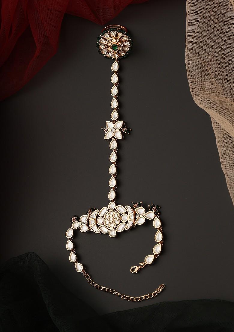 Green Gold Tone Polki Hathphool Bracelet - Indya