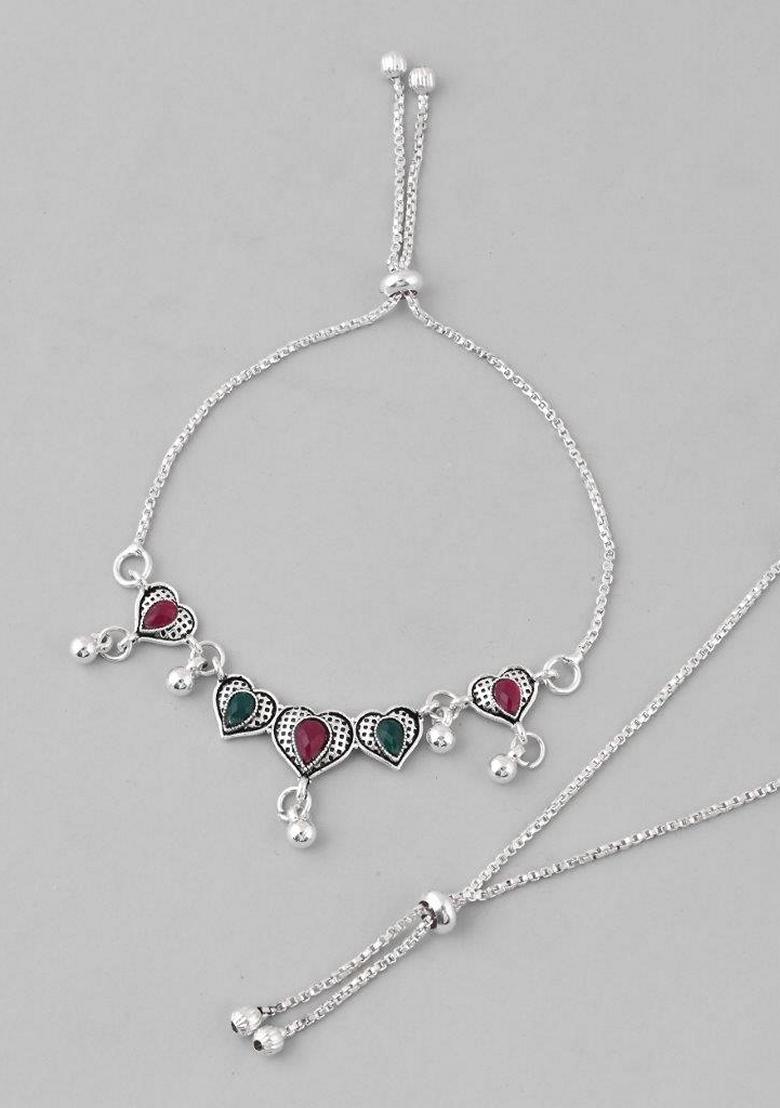 Silver Traditional Heart Shaped Designer Anklet (Set Of 2)