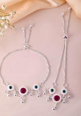 Silver Plated Artificial Stones And Beads Anklet (Set Of 2)