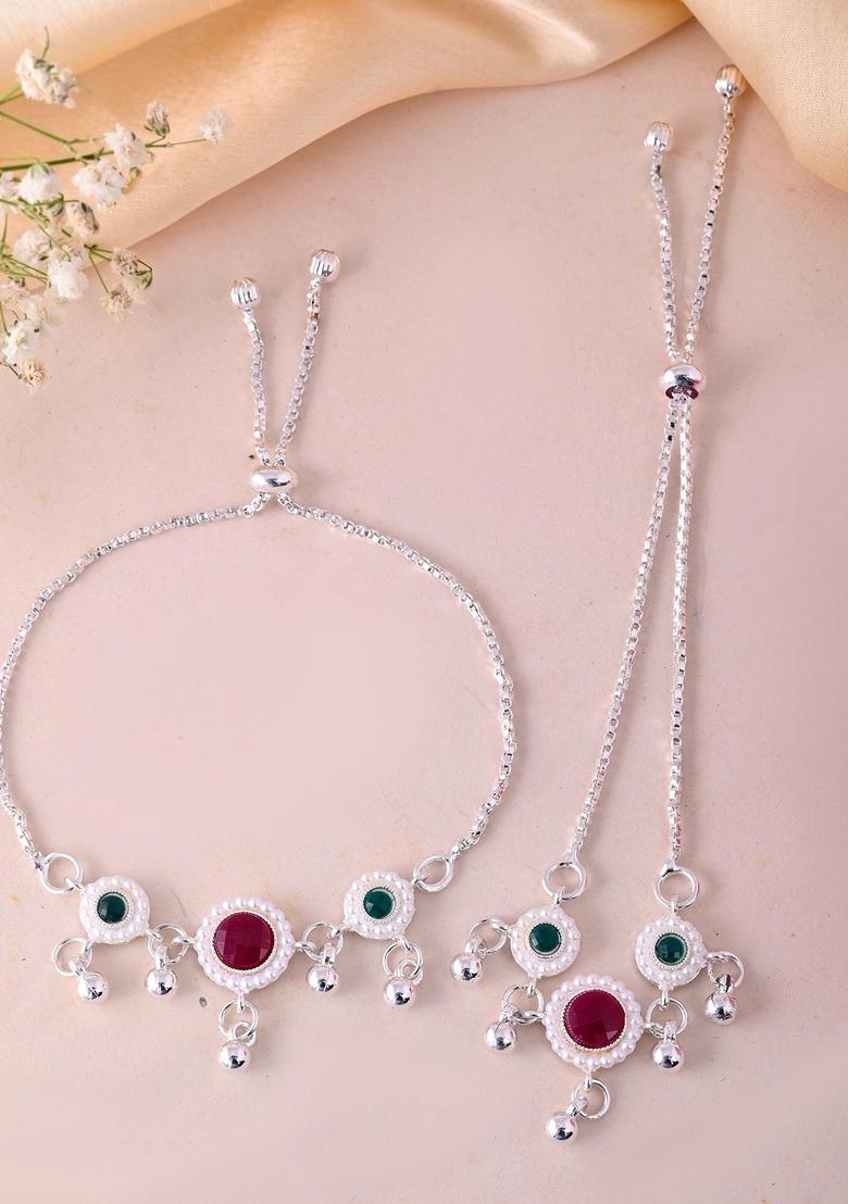 Silver Plated Artificial Stones And Beads Anklet (Set Of 2)