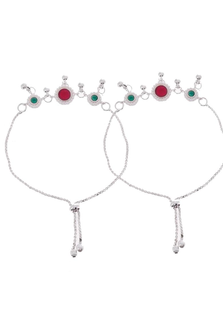 Silver Plated Artificial Stones And Beads Anklet (Set Of 2)