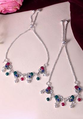 Silver Plated Peacock Shaped Artificial Stones Anklet (Set Of 2)