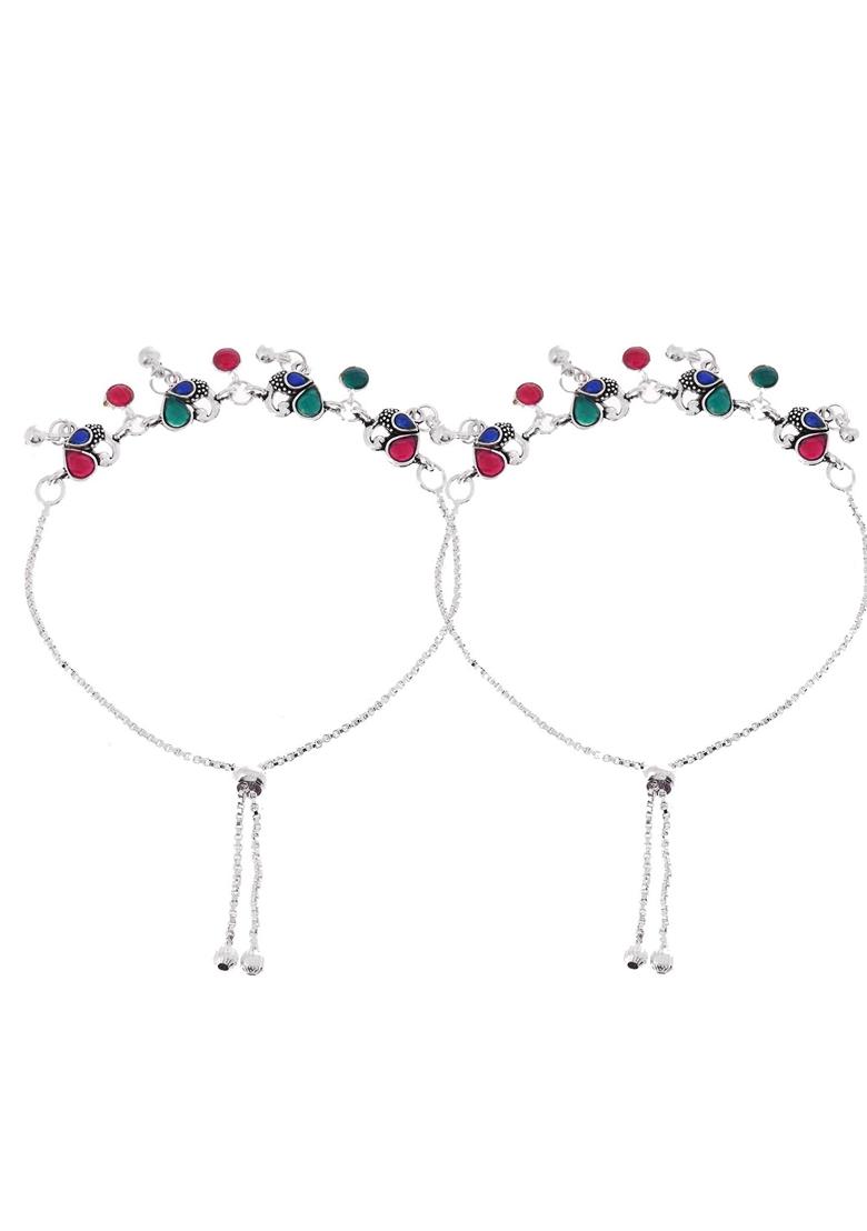 Silver Plated Peacock Shaped Artificial Stones Anklet (Set Of 2)