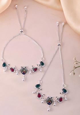 Silver Plated Peacock Shaped Stone Studded Anklets (Set Of 2)