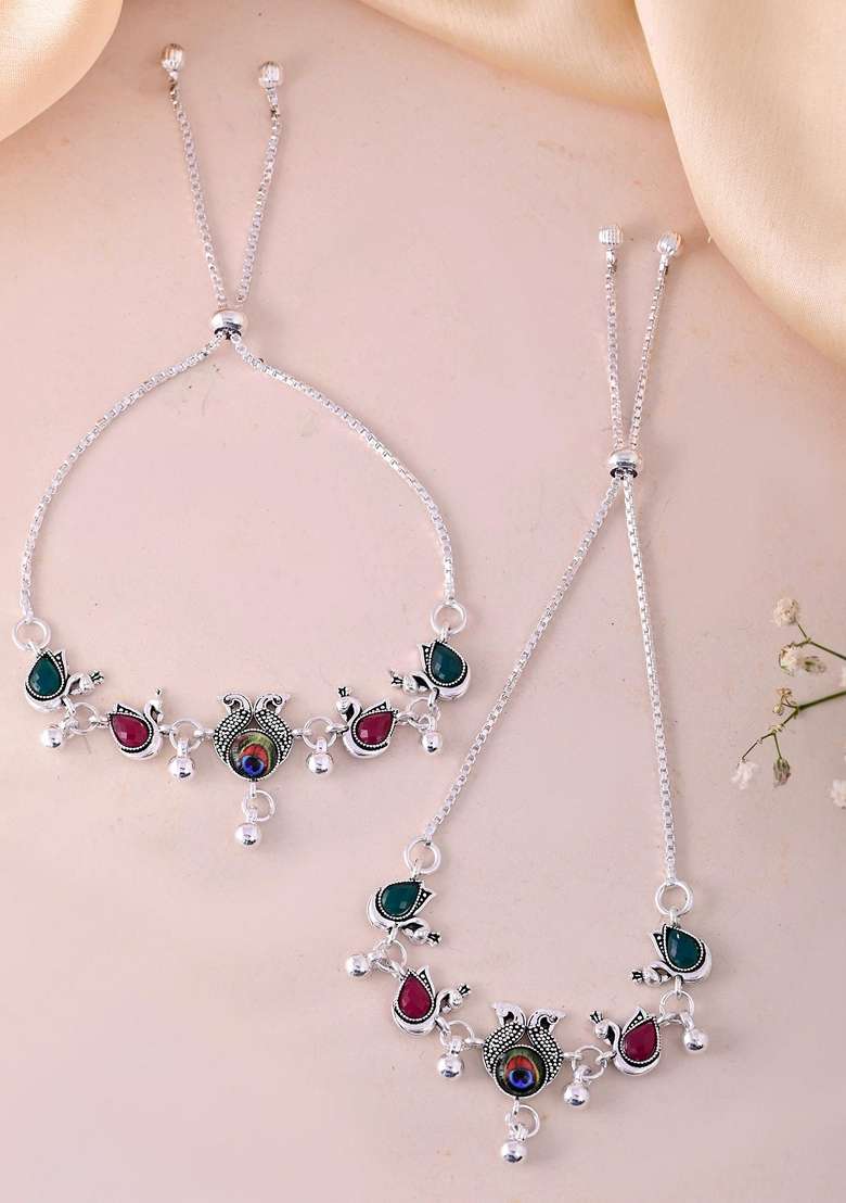 Silver Plated Peacock Shaped Stone Studded Anklets (Set Of 2) - Indya