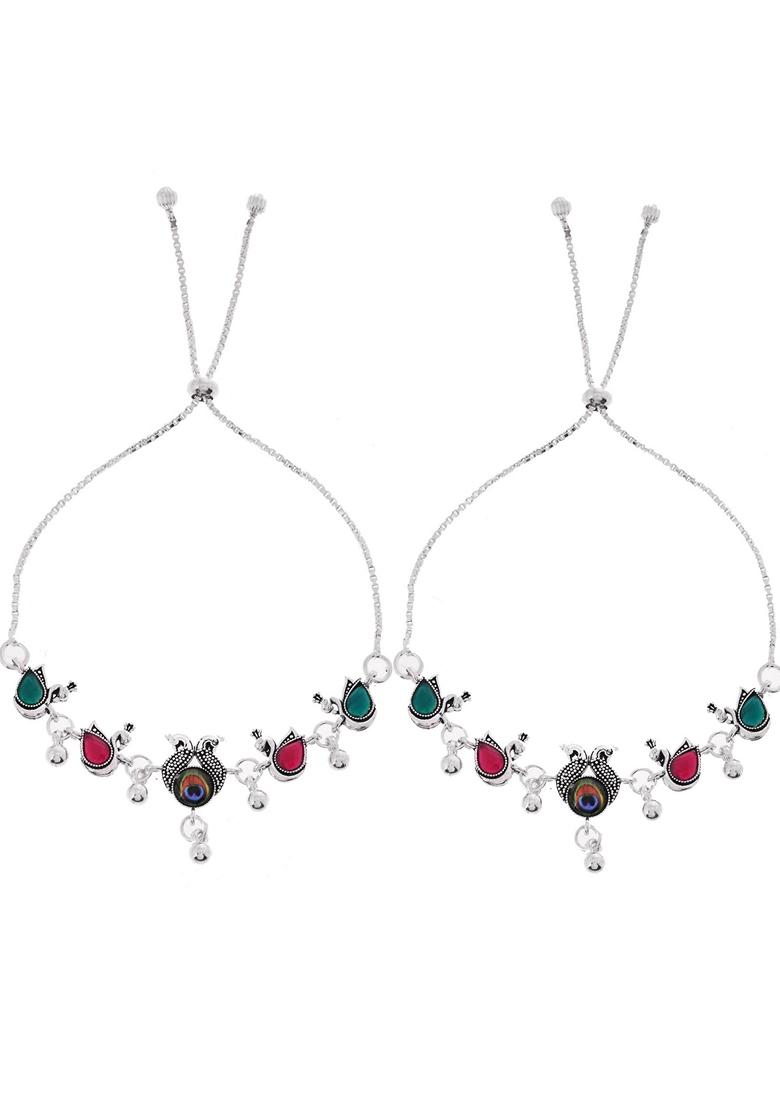 Silver Plated Peacock Shaped Stone Studded Anklets (Set Of 2)
