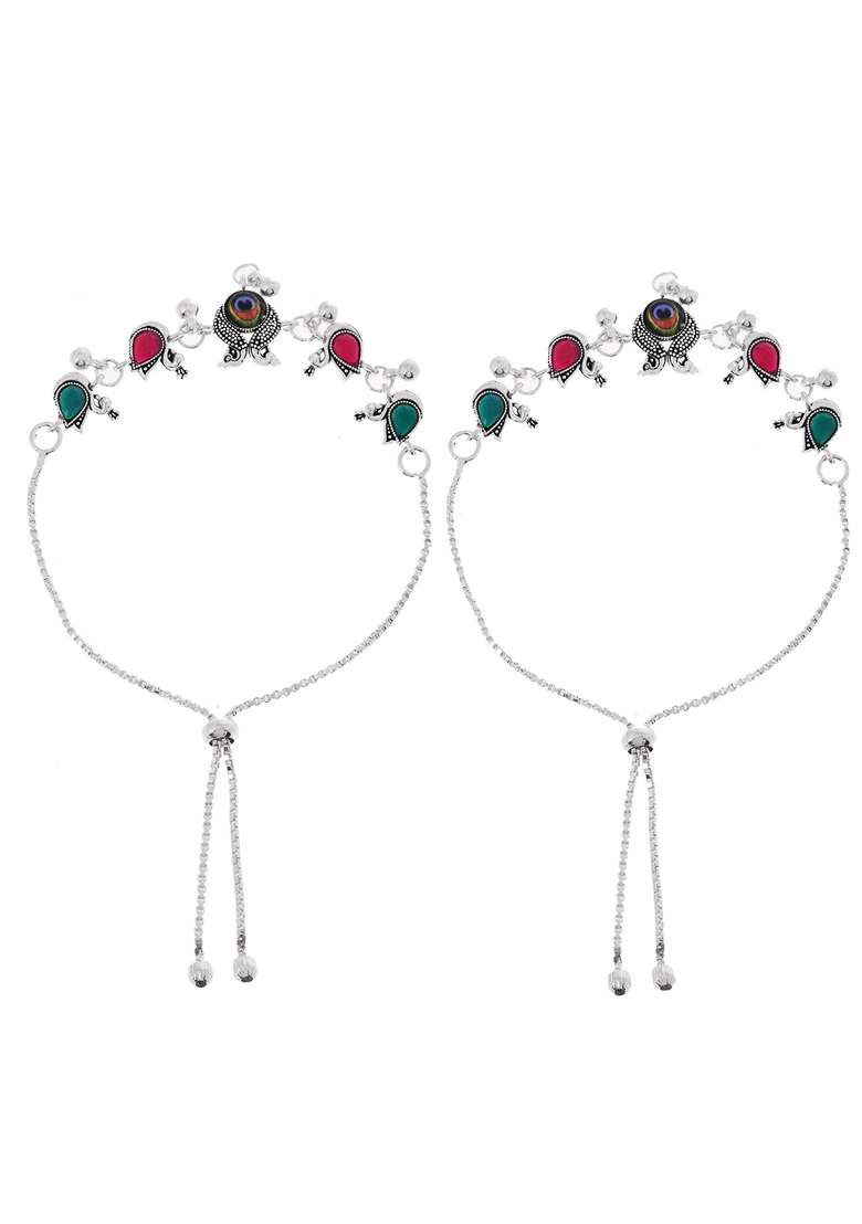 Silver Plated Peacock Shaped Stone Studded Anklets (Set Of 2) - Indya