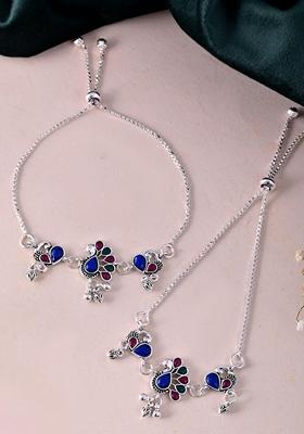 Silver Plated Peacock Shaped Stone Studded Anklet (Set Of 2)