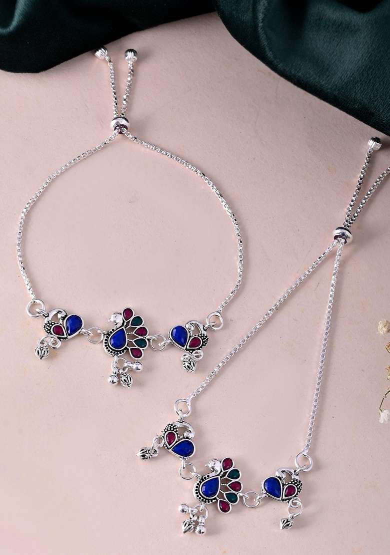 Silver Plated Peacock Shaped Stone Studded Anklet (Set Of 2) - Indya