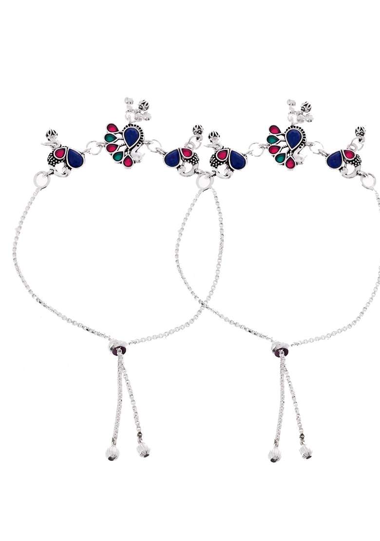Silver Plated Peacock Shaped Stone Studded Anklet (Set Of 2) - Indya