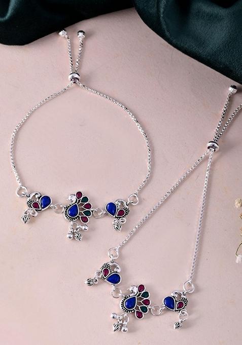 Silver Plated Peacock Shaped Stone Studded Anklet (Set Of 2)