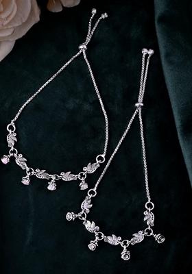 Silver Plated Bird And Rose Shaped Anklet (Set Of 2)