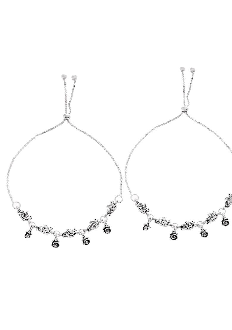 Silver Plated Bird And Rose Shaped Anklet (Set Of 2)