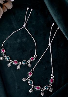 Silver Plated Artificial Stones Studded Anklet (Set Of 2)