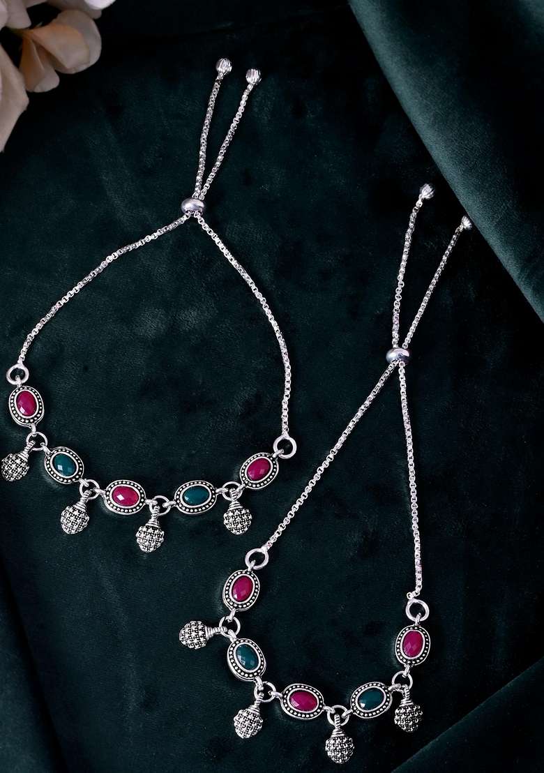 Silver Plated Artificial Stones Studded Anklet (Set Of 2) - Indya