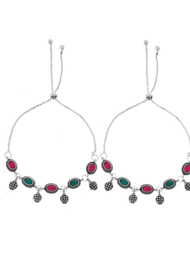 Silver Plated Artificial Stones Studded Anklet (Set Of 2)