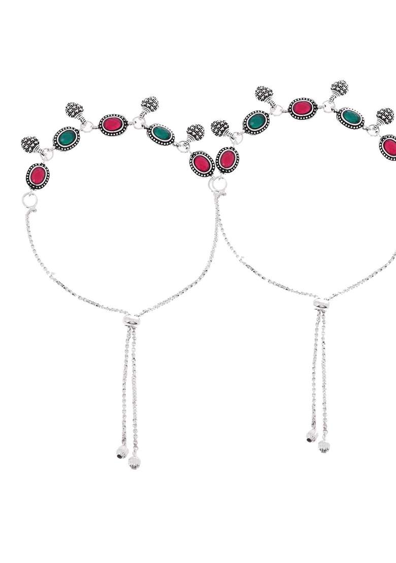 Silver Plated Artificial Stones Studded Anklet (Set Of 2) - Indya