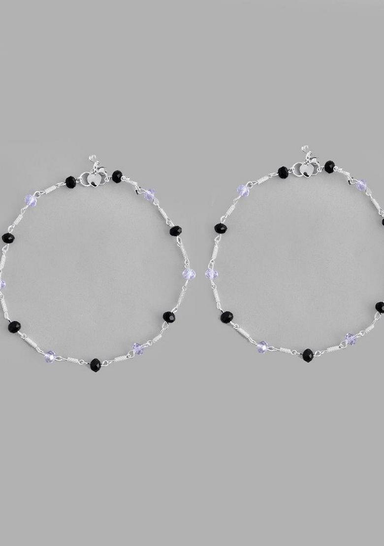 Silver Plated Beads Anklet (Set Of 2)