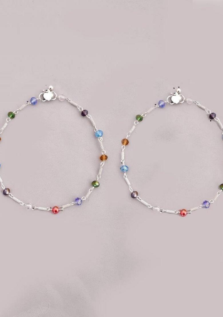 Silver Plated Beads Anklet (Set Of 2)