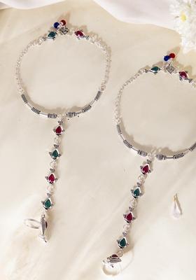 Silver Toned Meenakari Anklet With Toe Ring (Set Of 2)