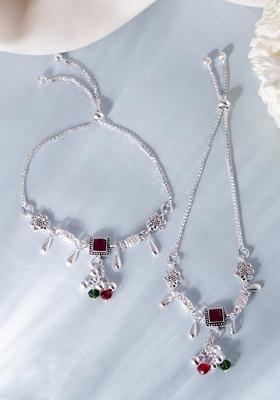 Silver Plated With Beads Anklet (Set Of 2)