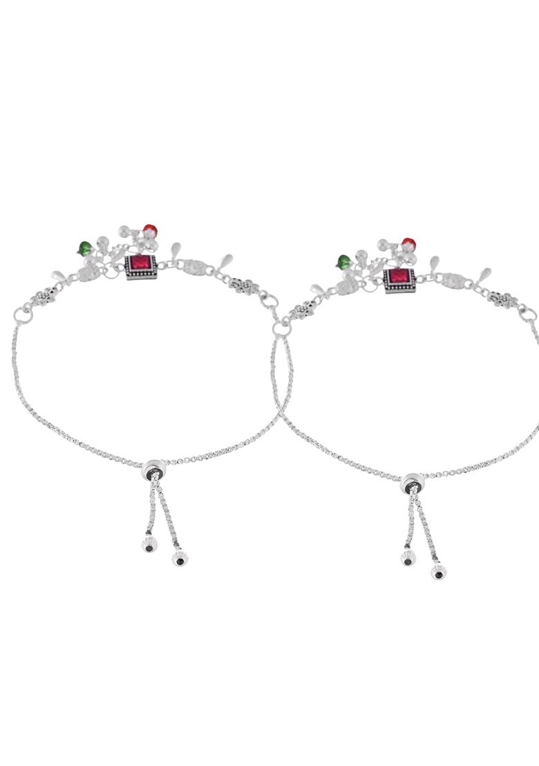 Silver Plated With Beads Anklet (Set Of 2)