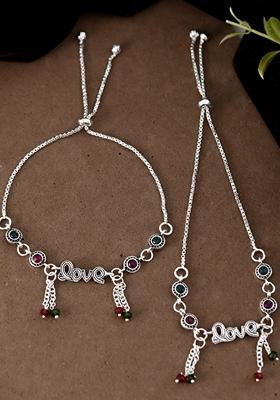 Silver Plated Love Meenakari Anklet (Set Of 2)
