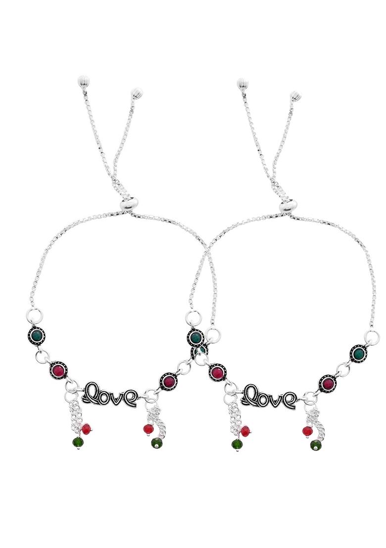 Silver Plated Love Meenakari Anklet (Set Of 2)