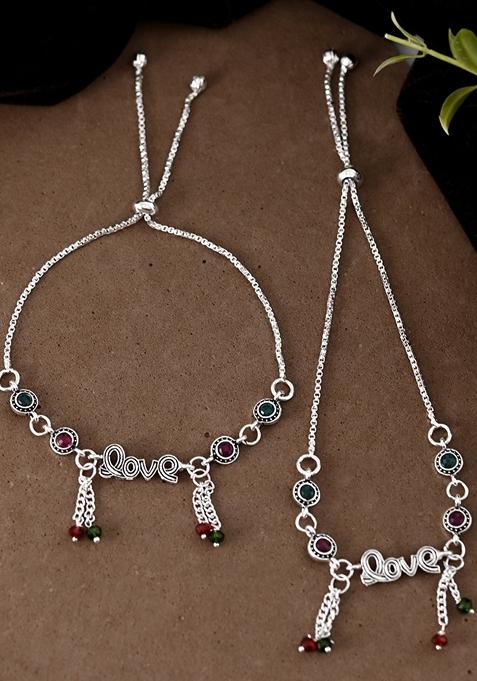 Silver Plated Love Meenakari Anklet (Set Of 2)
