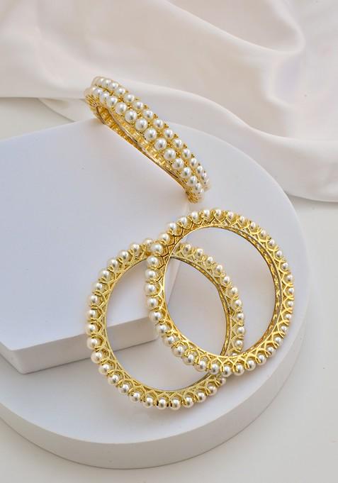 White Gold Tone Pearl Bangles