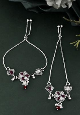 Silver Plated Floral Meenakari Anklet (Set Of 2)