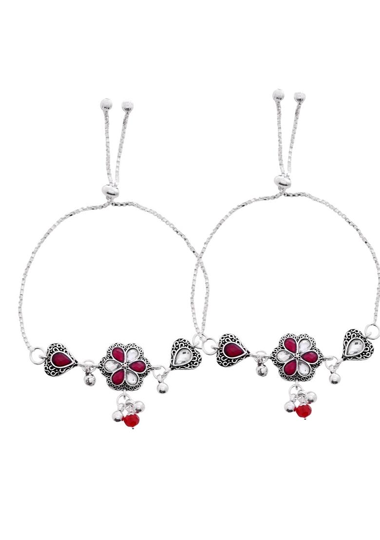 Silver Plated Floral Meenakari Anklet (Set Of 2)