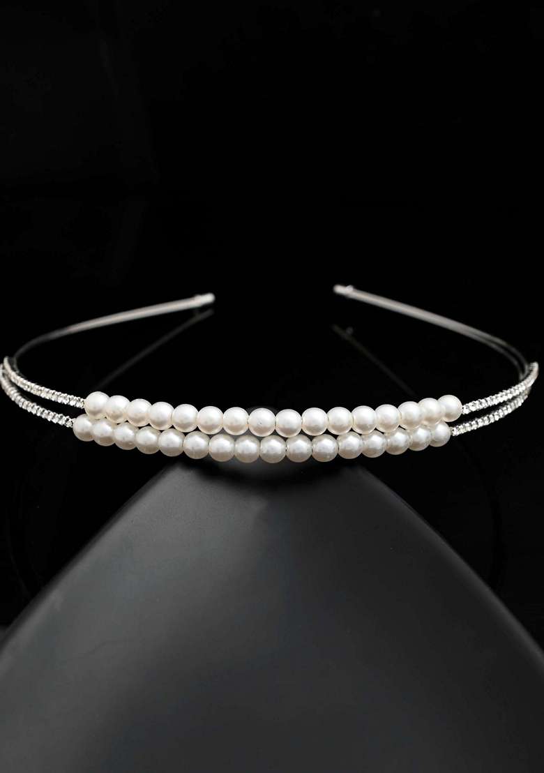 Silver Plated Pearl Studded Double Layer Hairband - Indya