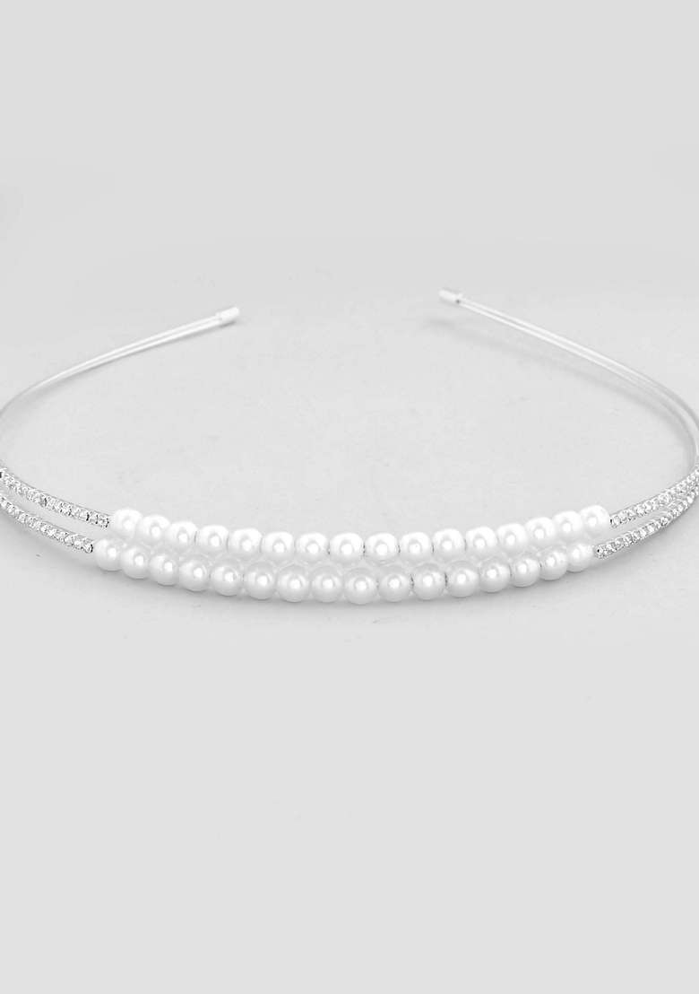Silver Plated Pearl Studded Double Layer Hairband - Indya
