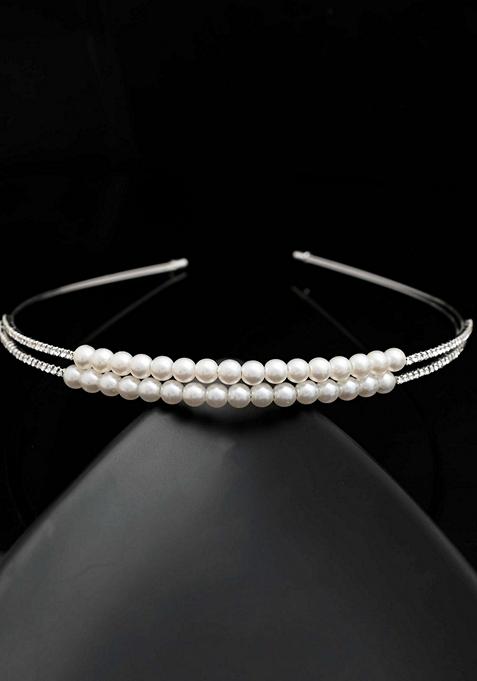 Silver Plated Pearl Studded Double Layer Hairband