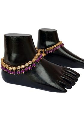 Gold Plated Purple Kundan Stone Studded One Pair Anklet