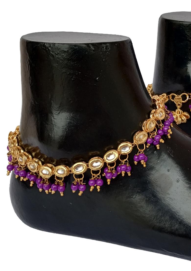 Gold Plated Purple Kundan Stone Studded One Pair Anklet