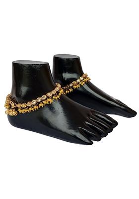 Gold Plated Lime Yellow Kundan Stone Studded One Pair Anklet