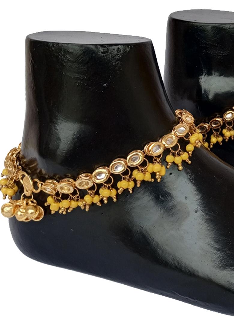 Gold Plated Lime Yellow Kundan Stone Studded One Pair Anklet