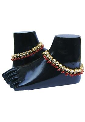 Gold Plated Cherry Red Kundan Stone Studded One Pair Anklet