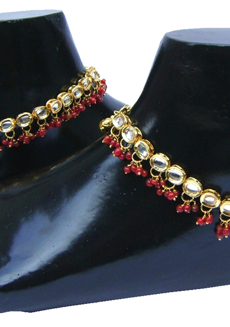 Gold Plated Cherry Red Kundan Stone Studded One Pair Anklet