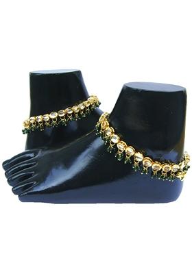 Gold Plated Green Kundan Stone Studded One Pair Anklet