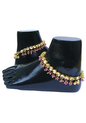 Gold Plated Purple Kundan Stone Studded One Pair Anklet