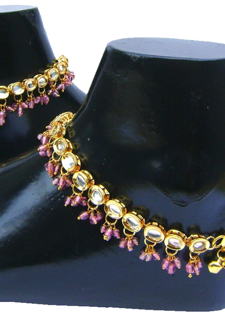 Gold Plated Purple Kundan Stone Studded One Pair Anklet