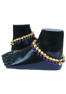 Gold Plated Blue Kundan Stone Studded One Pair Anklet