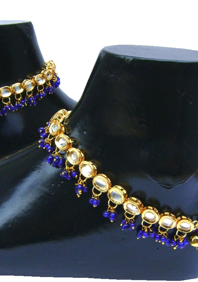 Gold Plated Blue Kundan Stone Studded One Pair Anklet