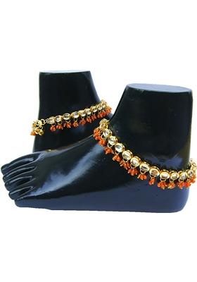 Gold Plated Orange Kundan Stone Studded One Pair Anklet
