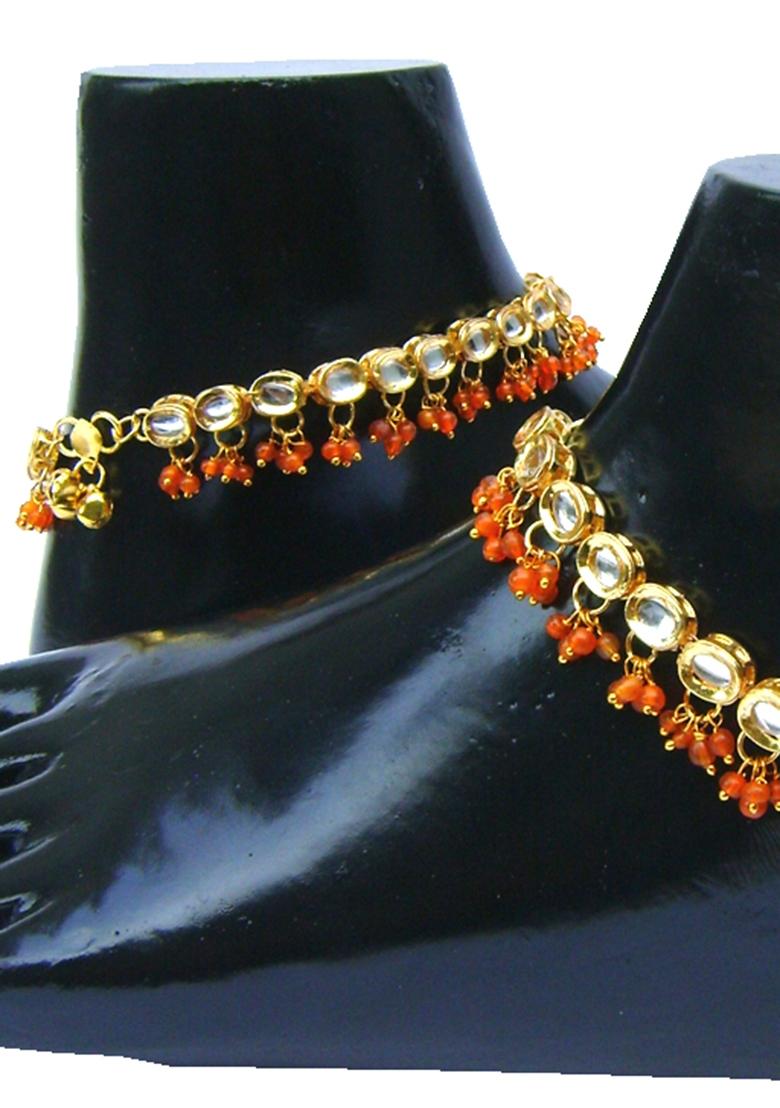 Gold Plated Orange Kundan Stone Studded One Pair Anklet