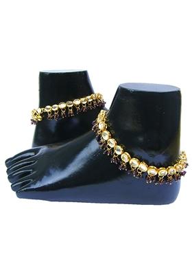 Gold Plated Voilet Kundan Stone Studded One Pair Anklet